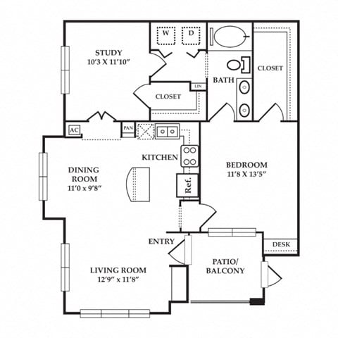 Floor plan for 2 beds, 1 bath, 955 sqft